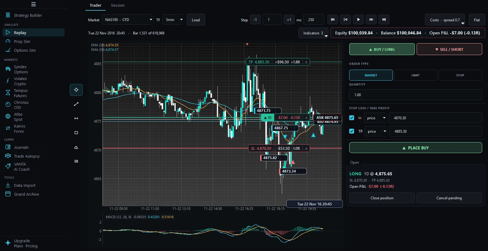 Replay chart with EMA and MACD, an open long position with draggable stop and target