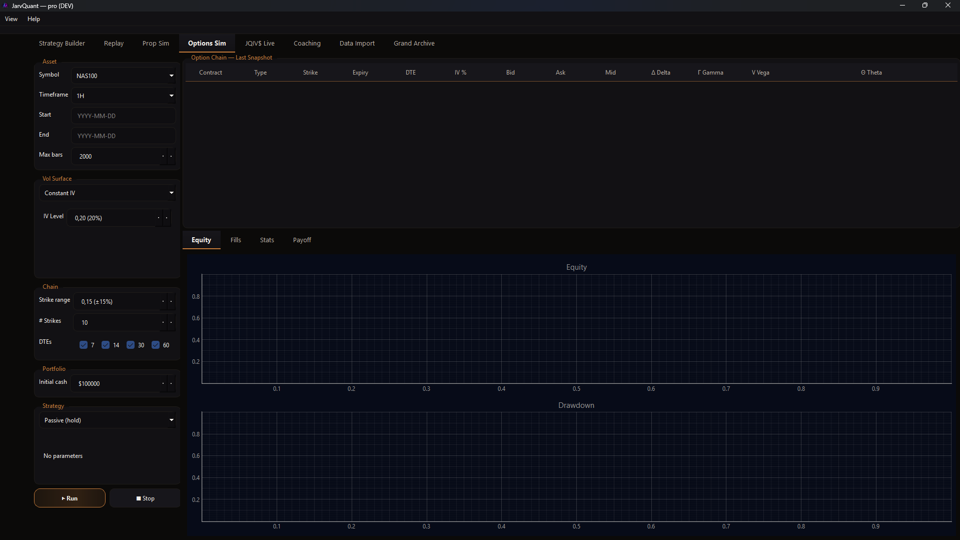 Options Sim chain setup with IV level, DTE and Greeks